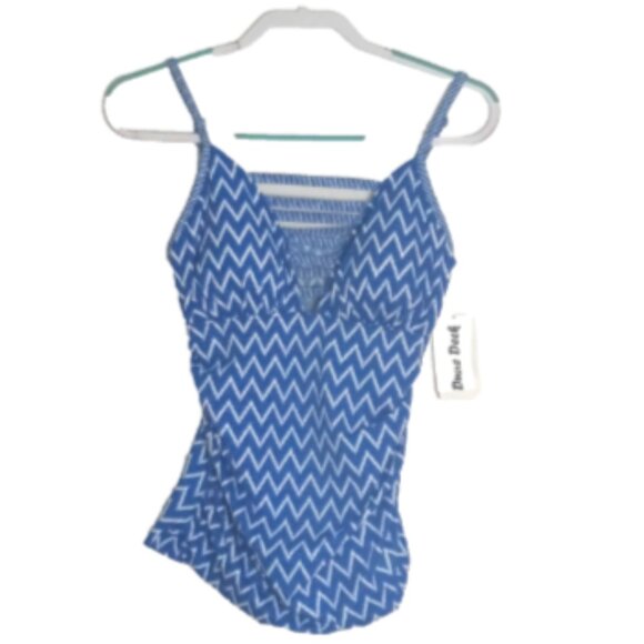 Dune Deck Women's Blue Chevron Tankini NEW Sz US 12 Cutout contrast trim Stretch - Picture 2 of 9